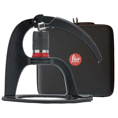 Black stand with red component and Flair Apparatus logo on a white background